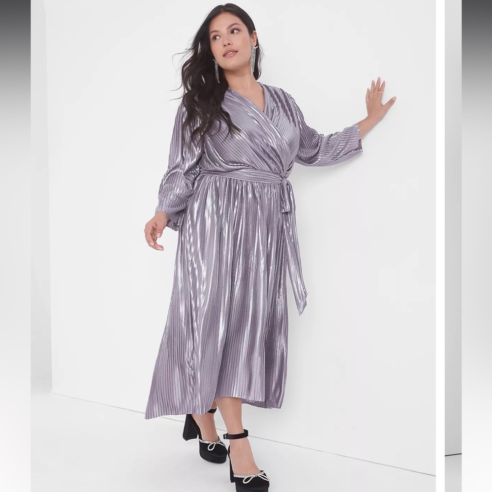 Lane Bryant Silver Metallic 3/4-Sleeve Surplice-Neck Pleated Dress